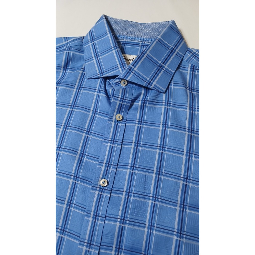 Robert Graham Men's Geometric Blue Plaid Cotton Dress‎ Shirt 16.5 / 42